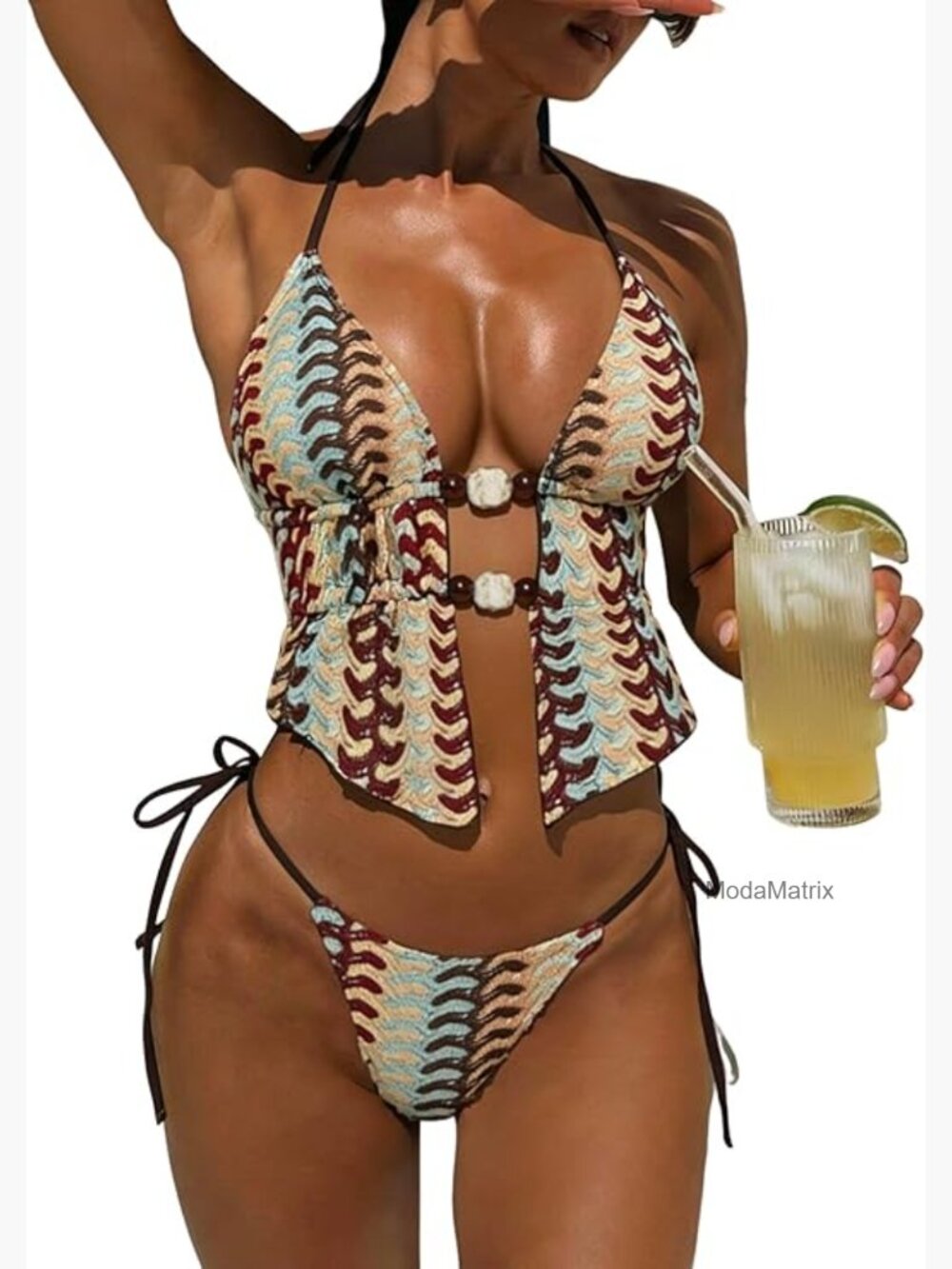 Halter Neck Textured Backless 2 Piece Bikini Set Cheeky High Cut